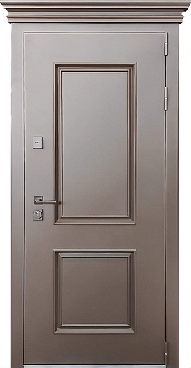Входная уличная термодверь с карнизом, металлобагетом и коричневым полимерным окрашиванием